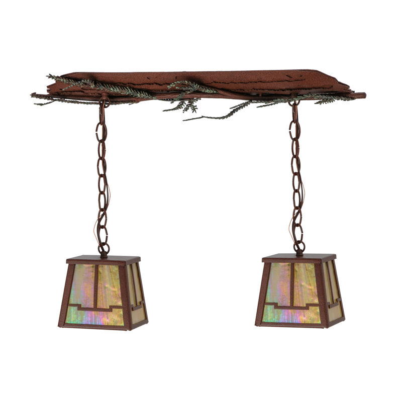 Rustic Pine Branch 2-Light Island Pendant with Iridescent Glass