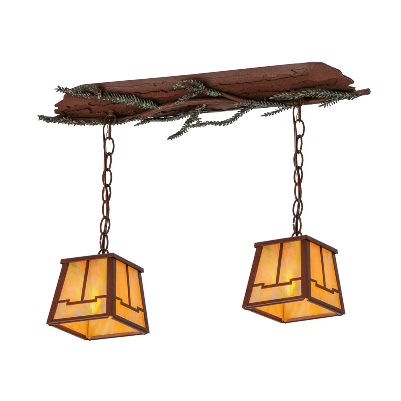 Rustic Pine Branch 2-Light Island Pendant with Iridescent Glass