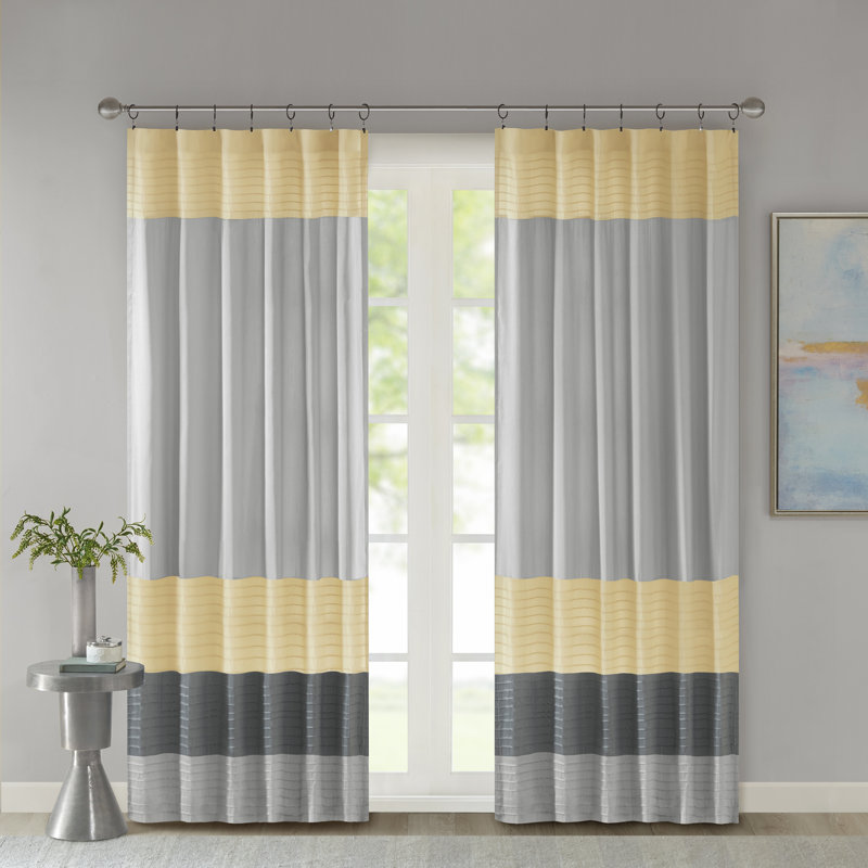 Yellow and Gray Faux Silk Light-Filtering Curtain Panel