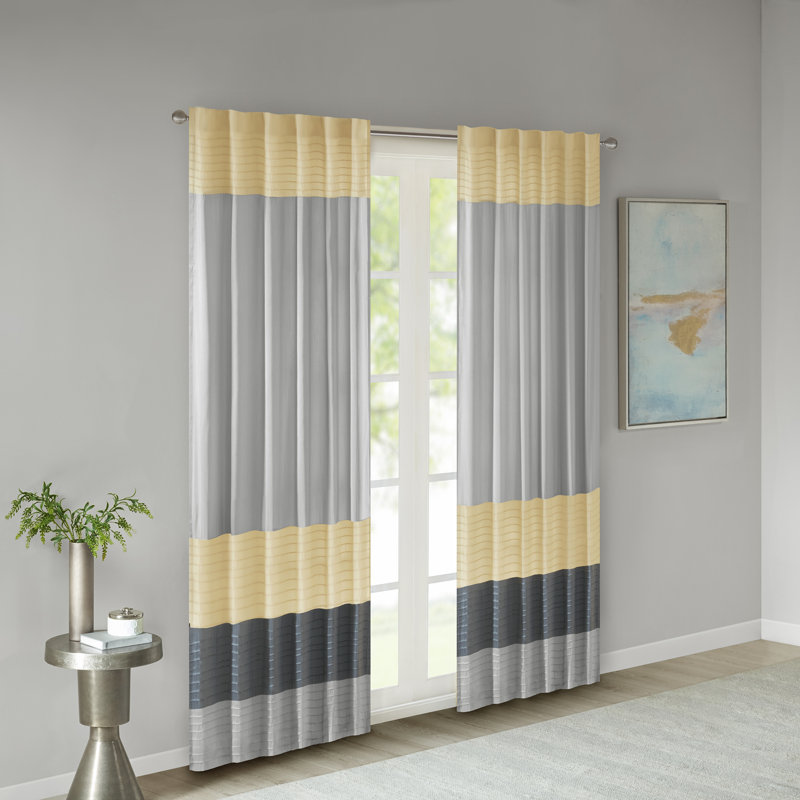 Yellow and Gray Faux Silk Light-Filtering Curtain Panel