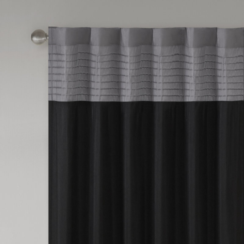 Black and Gray Faux Silk Pintuck Curtain Panel