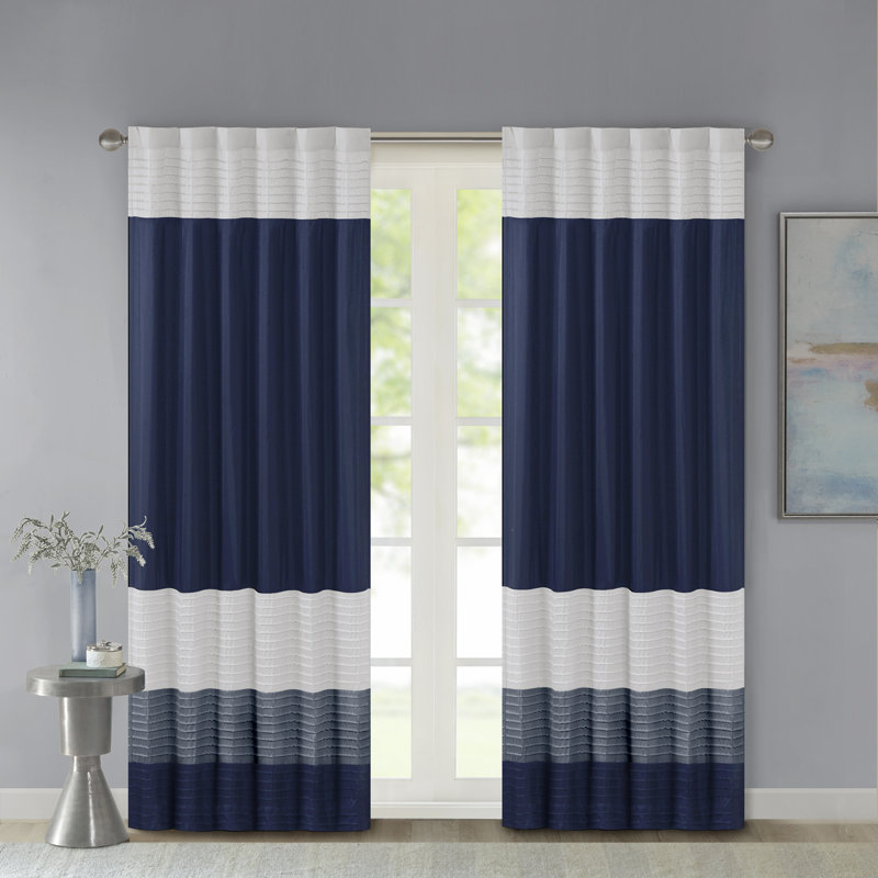Navy and White Faux Silk Light-Filtering Drapes