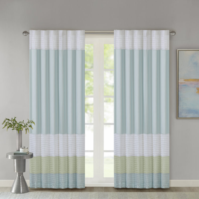 Green and Aqua Polyester Pintuck Light-Filtering Curtain Panel