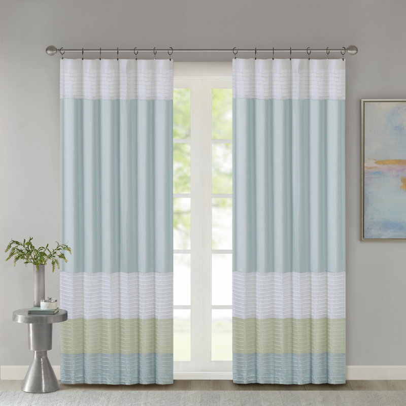 Green and Aqua Polyester Pintuck Light-Filtering Curtain Panel