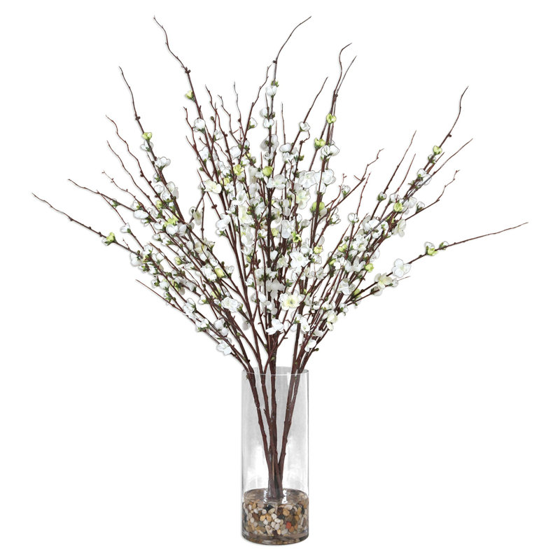 Modern Silk Quince Blossom Tabletop Arrangement in Glass Vase