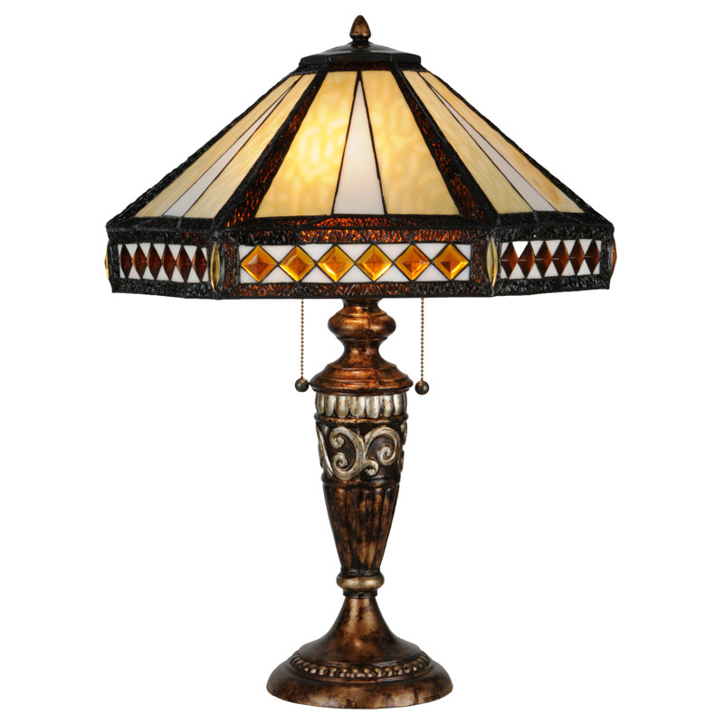 Stained Glass White Mission Table Lamp with Bronze Base