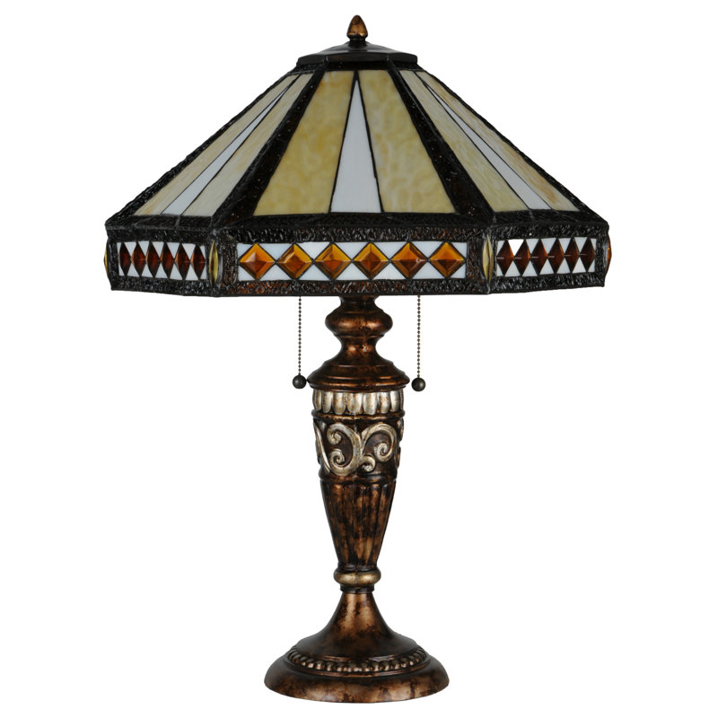 Stained Glass White Mission Table Lamp with Bronze Base