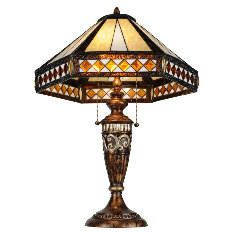 Stained Glass White Mission Table Lamp with Bronze Base