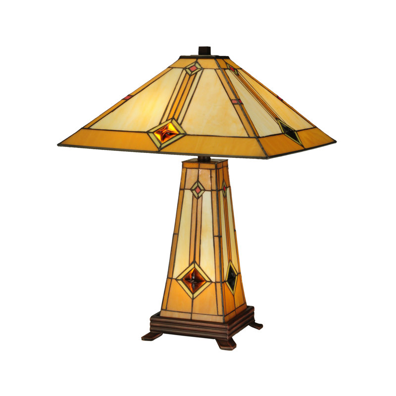 Mission Style 2-Light Stained Glass Table Lamp with Bronze Base