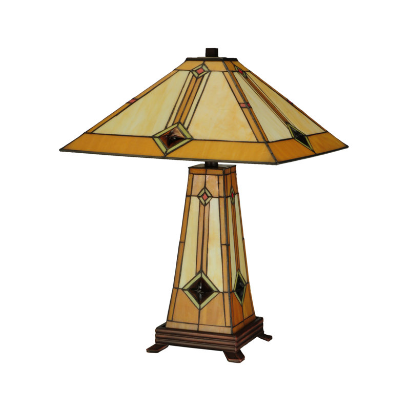 Mission Style 2-Light Stained Glass Table Lamp with Bronze Base
