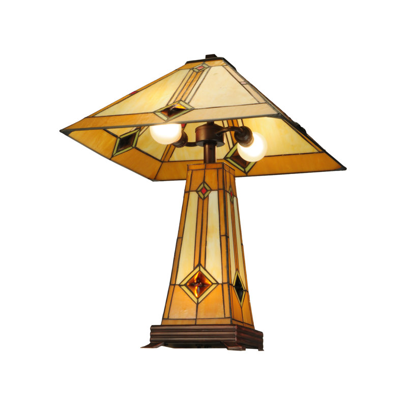 Mission Style 2-Light Stained Glass Table Lamp with Bronze Base