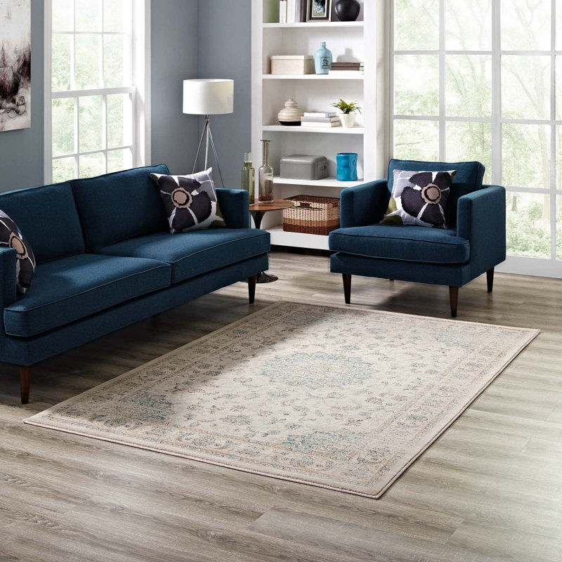 Atara Teal & Beige Distressed Medallion 5x8 Synthetic Area Rug