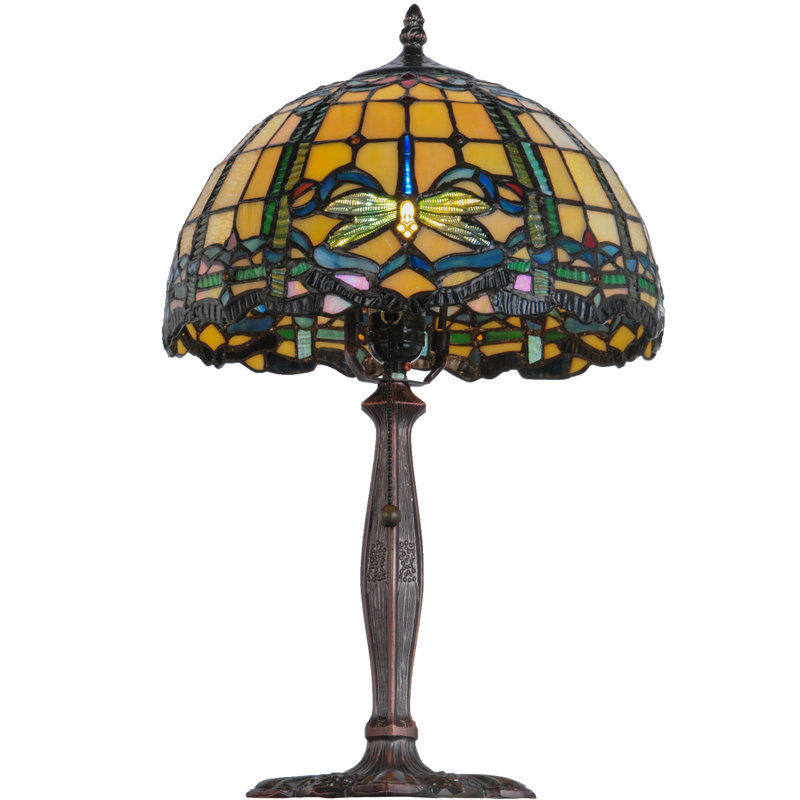 Mahogany Bronze Stained Glass Table Lamp with Blue Dragonfly Design
