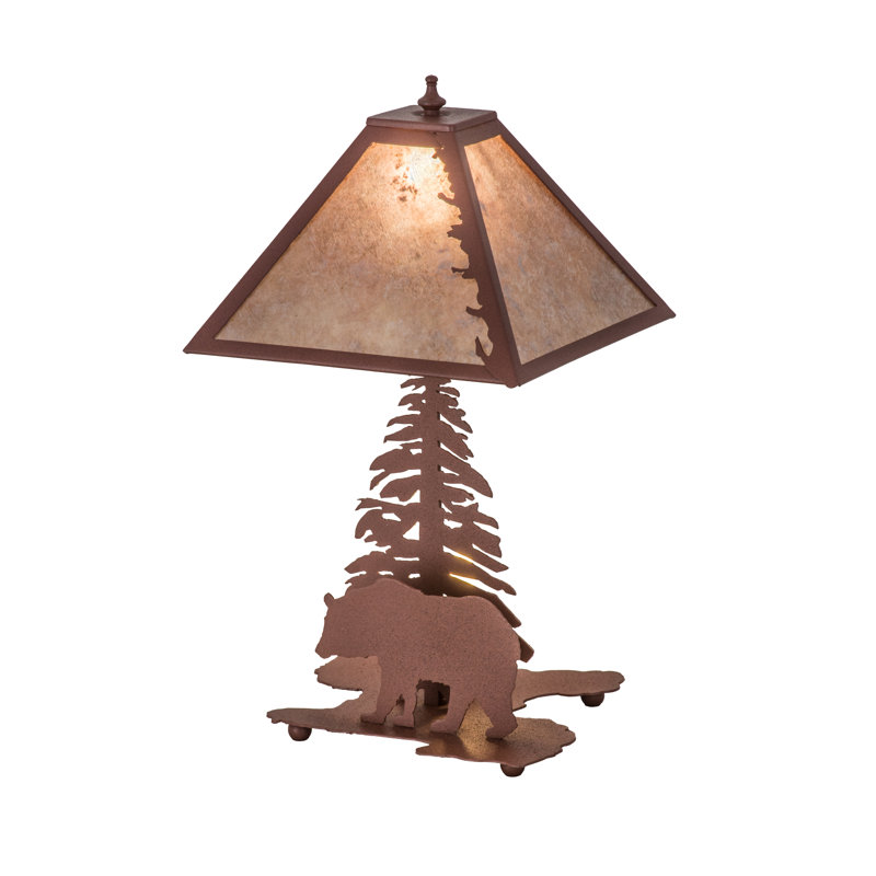 Rustic Silver Mica Shade Bear & Pine Tree Table Lamp