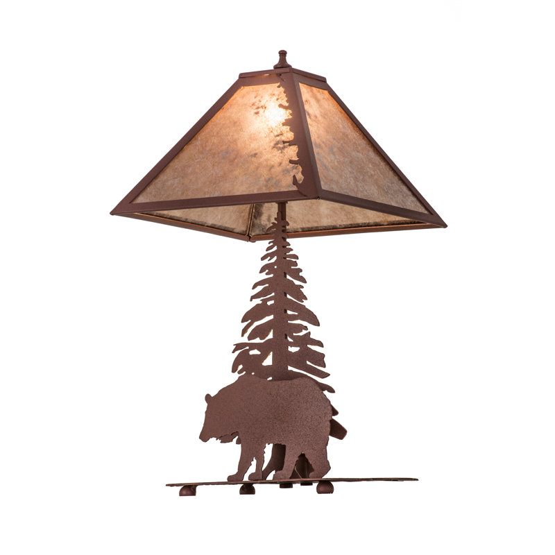 Rustic Silver Mica Shade Bear & Pine Tree Table Lamp