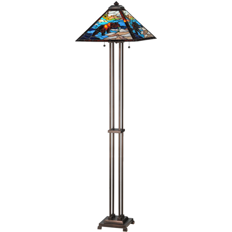 Rustic Mahogany Bronze Grizzly Bear Stained Glass Floor Lamp, 62.5"