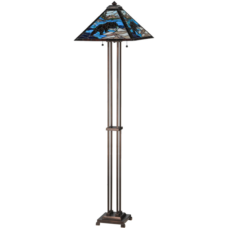 Rustic Mahogany Bronze Grizzly Bear Stained Glass Floor Lamp, 62.5"