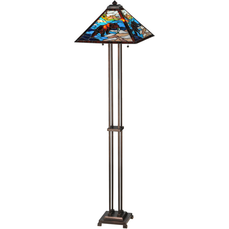 Rustic Mahogany Bronze Grizzly Bear Stained Glass Floor Lamp, 62.5"