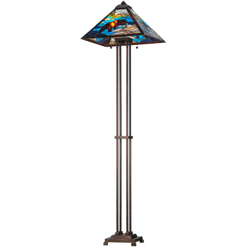 Rustic Mahogany Bronze Grizzly Bear Stained Glass Floor Lamp, 62.5"