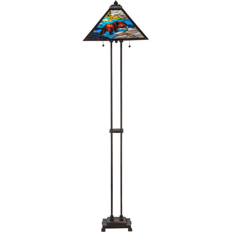 Rustic Mahogany Bronze Grizzly Bear Stained Glass Floor Lamp, 62.5"