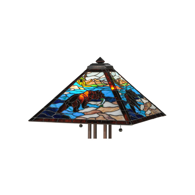 Rustic Mahogany Bronze Grizzly Bear Stained Glass Floor Lamp, 62.5"