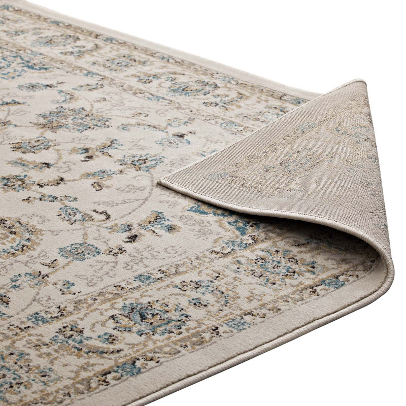 Atara Teal & Beige Distressed Medallion 5x8 Synthetic Area Rug