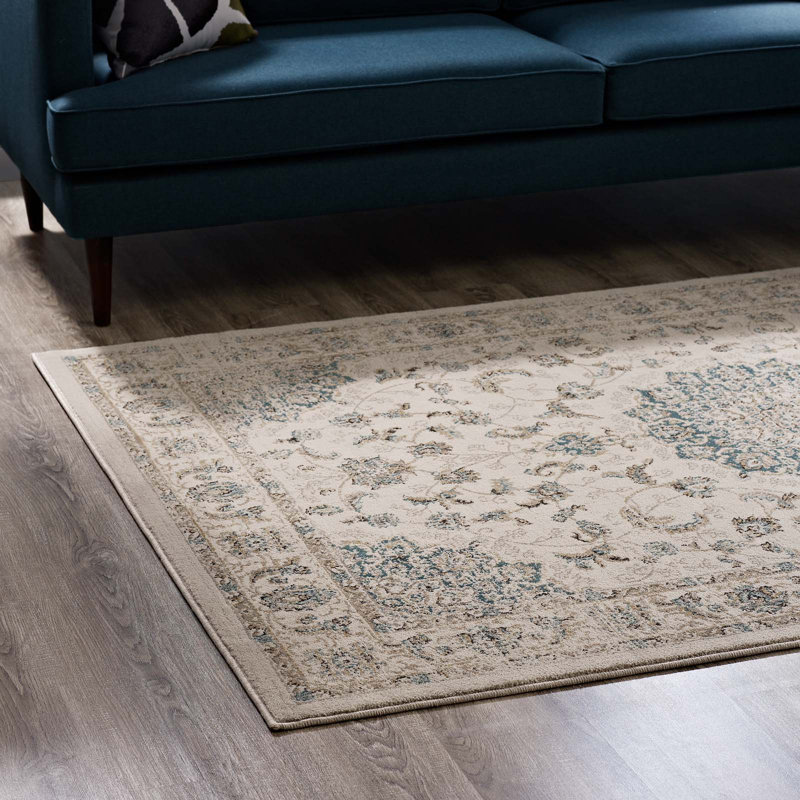 Atara Teal & Beige Distressed Medallion 5x8 Synthetic Area Rug