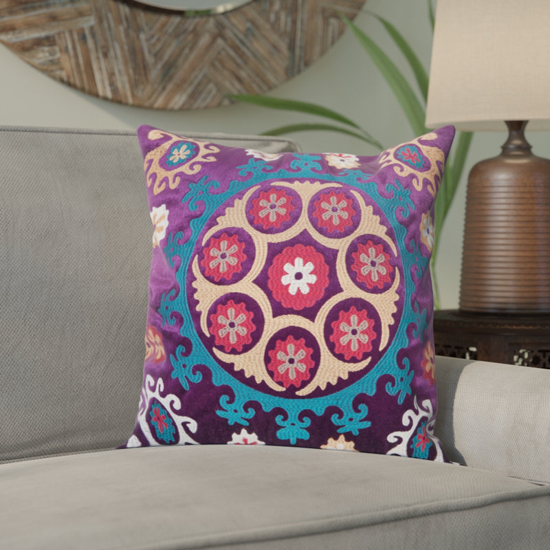 Gold and Purple Embroidered Linen Cotton Square Pillow Set