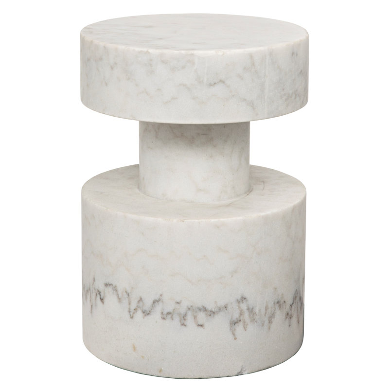 Cylindrical White Stone and Wood Modern Accent Table