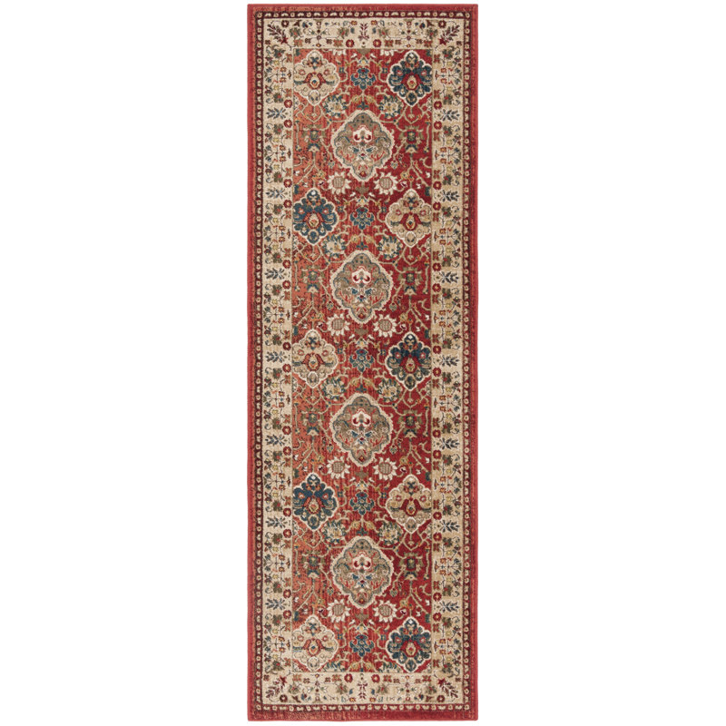 Elegant Red and Beige Floral Synthetic Runner Rug, 2'2" x 8'