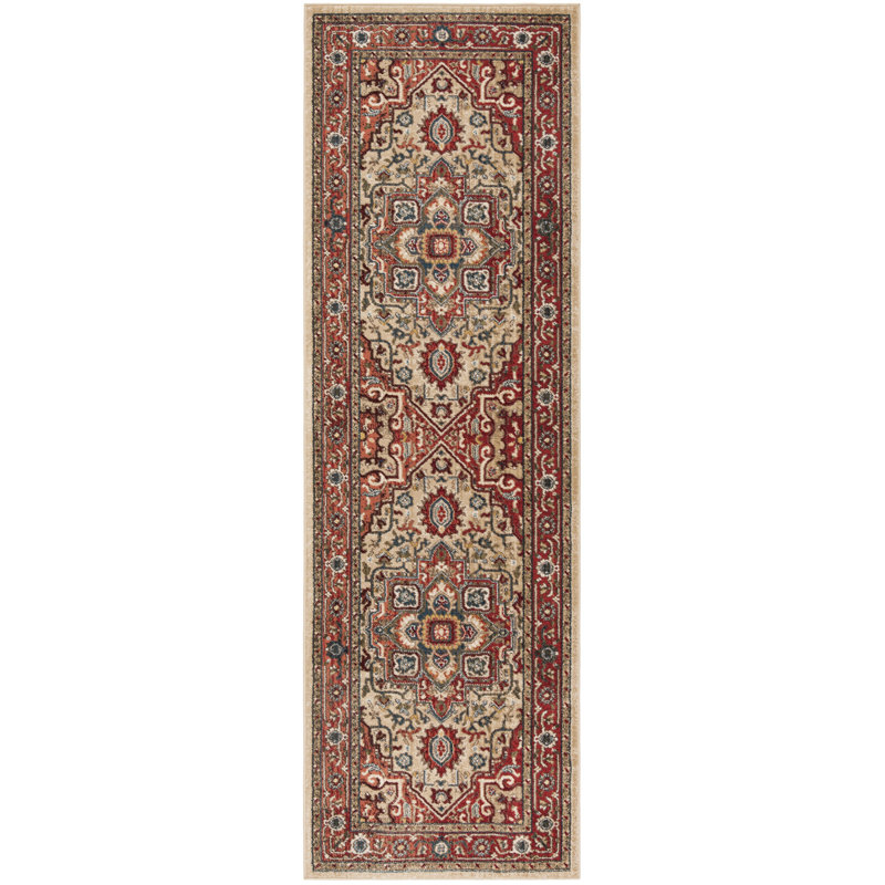 Exotic Quentin Hand-Knotted Red and Beige Runner Rug, 2'6" x 8'