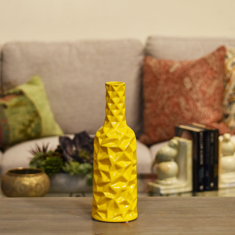 Urban Trends Wrinkled Ceramic Round Bottle Vase - Yellow 12"
