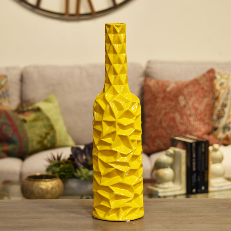 Urban Trends Wrinkled Ceramic Round Bottle Vase - Yellow 12"