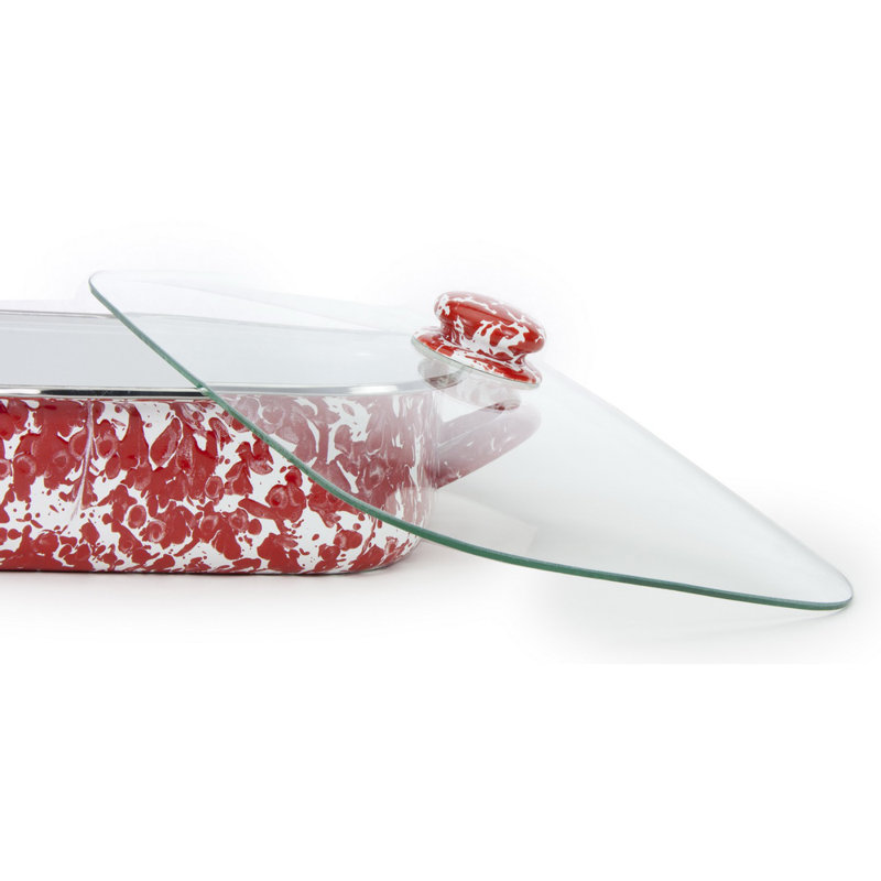 Red Porcelain Enamel Rectangle Roasting Pan with Glass Lid