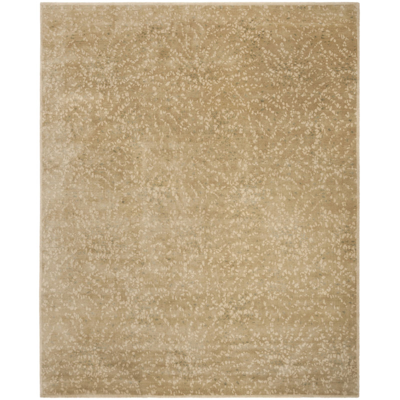 Hand-Knotted Beige Wool and Silk Geometric Rug 8' x 10'