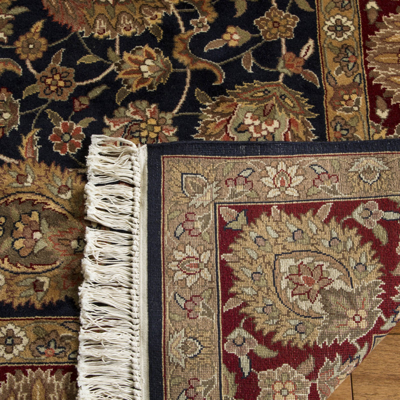 Elegant Kerman Blue and Red Hand-Knotted Wool Round Rug