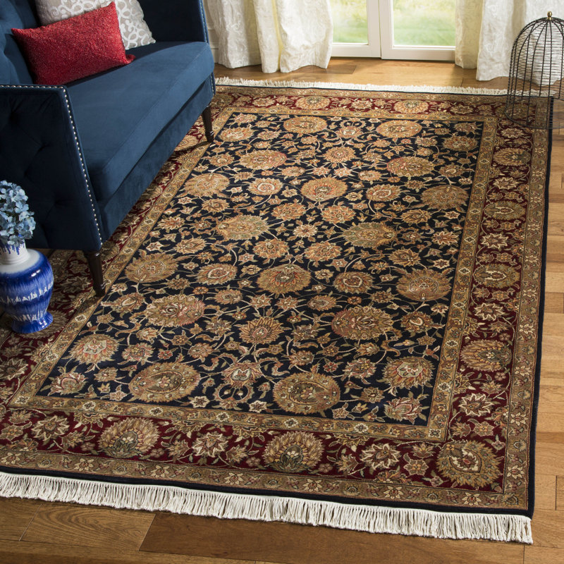 Elegant Kerman Blue and Red Hand-Knotted Wool Round Rug