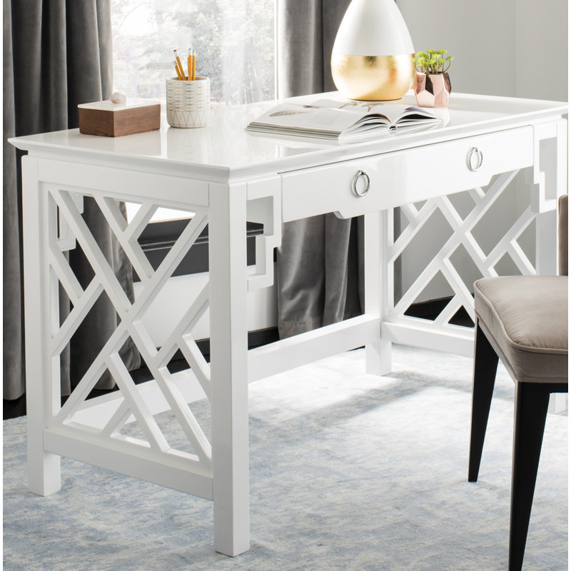 White Wood Writing Desk with Drawer and Lattice Design