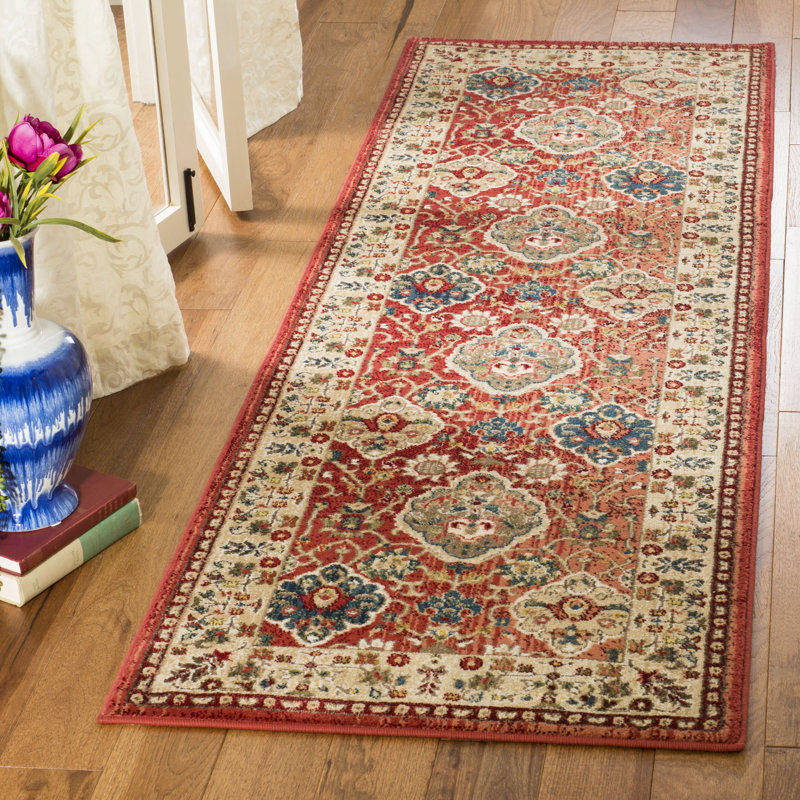 Elegant Red and Beige Floral Synthetic Runner Rug, 2'2" x 8'