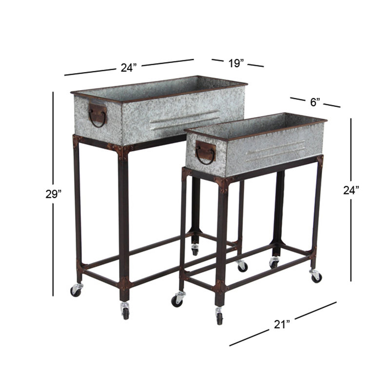 Galvanized Gray Farmhouse Metal Rolling Planters Set of 2