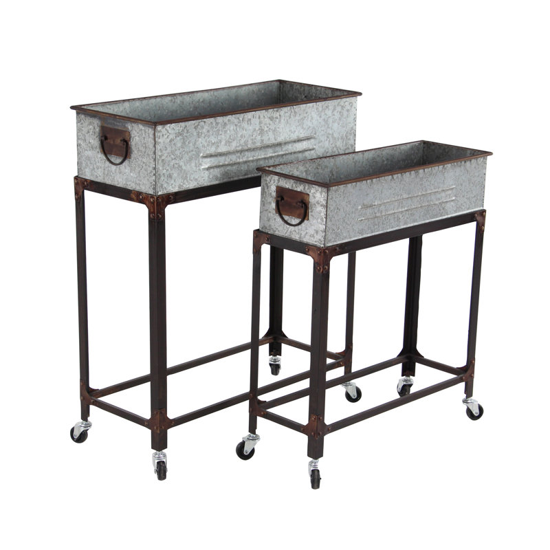 Galvanized Gray Farmhouse Metal Rolling Planters Set of 2
