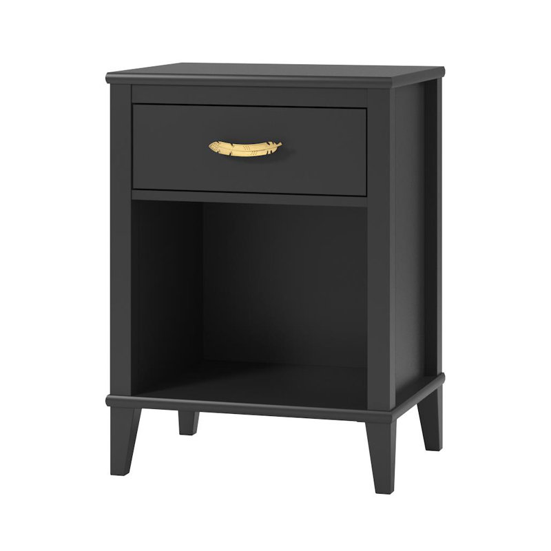 Hawken Matte Black Nightstand with Gold Feather Drawer Pull