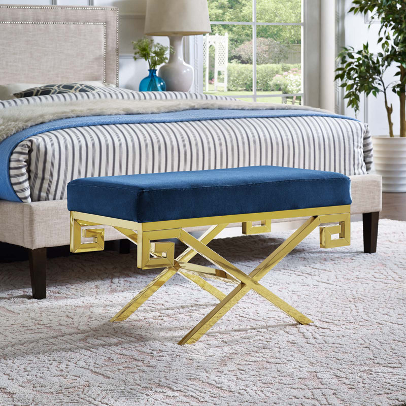 Navy Blue Velvet Bench with Gold Stainless Steel Base