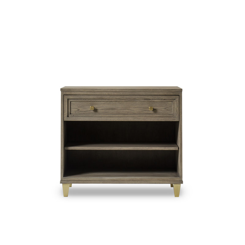 Pebble Gray Oak 1-Drawer Nightstand with Brass Accents