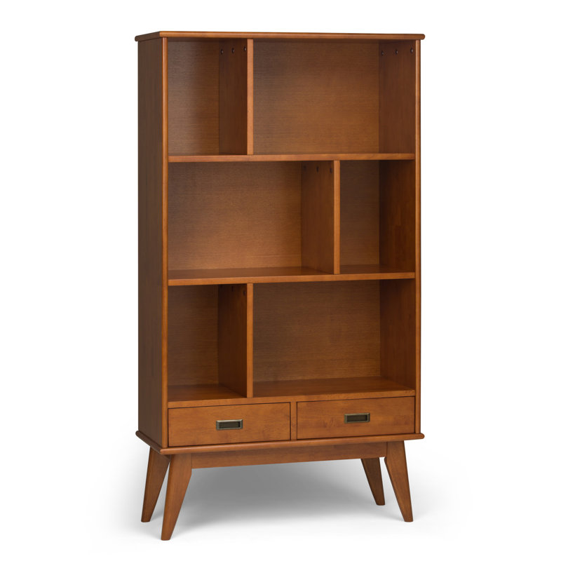 Teak Brown 64" Wood Bookcase with Cubes and Drawers
