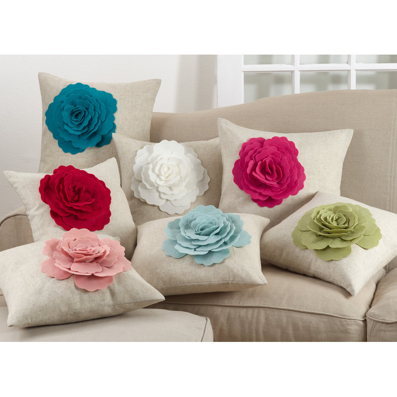 Medium Off-White Linen Pillow with Lime 3D Flower