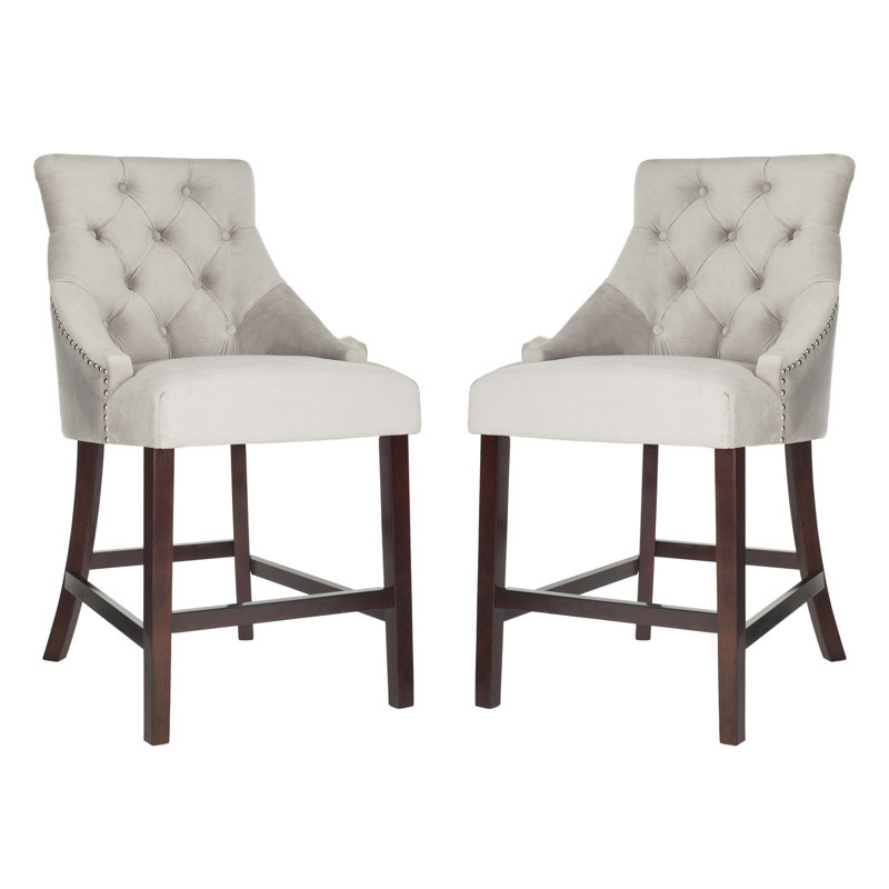Gray Velvet Tufted Wing Back Counter Stools with Wood Frame, Set of 2