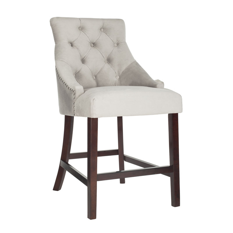 Gray Velvet Tufted Wing Back Counter Stools with Wood Frame, Set of 2