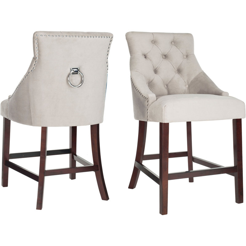 Gray Velvet Tufted Wing Back Counter Stools with Wood Frame, Set of 2