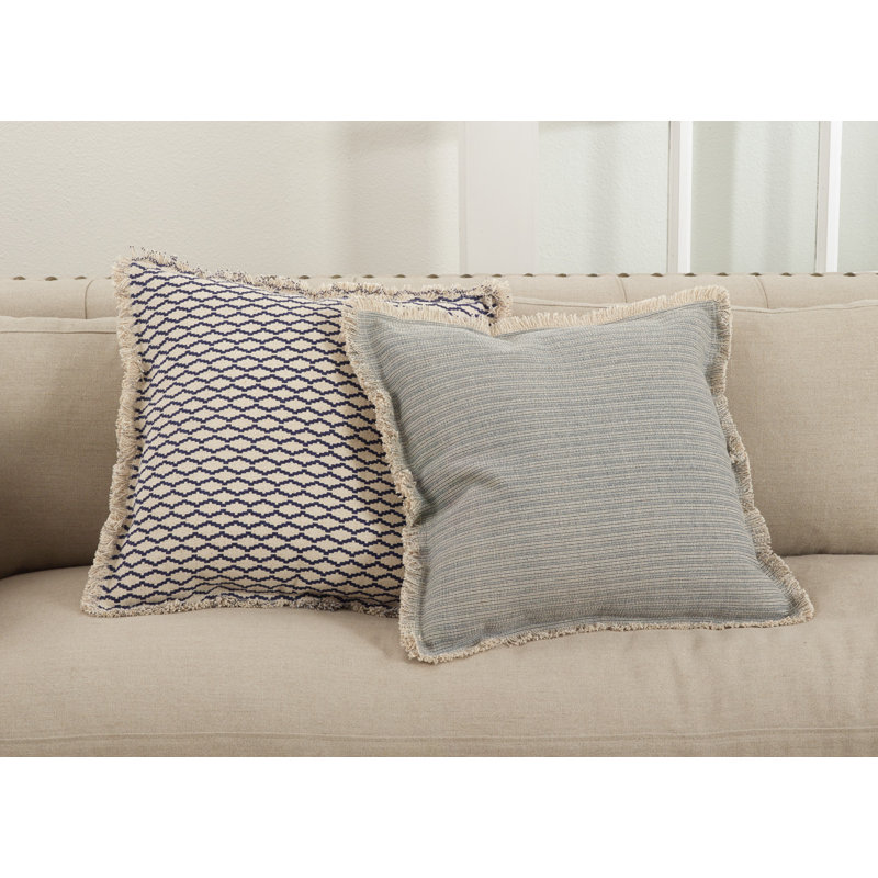 Canberra 20" Blue Grey Fringed Pinstriped Cotton Throw Pillow